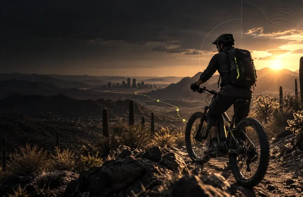 E-bike rider overlooking the Sonoran Desert at golden hour