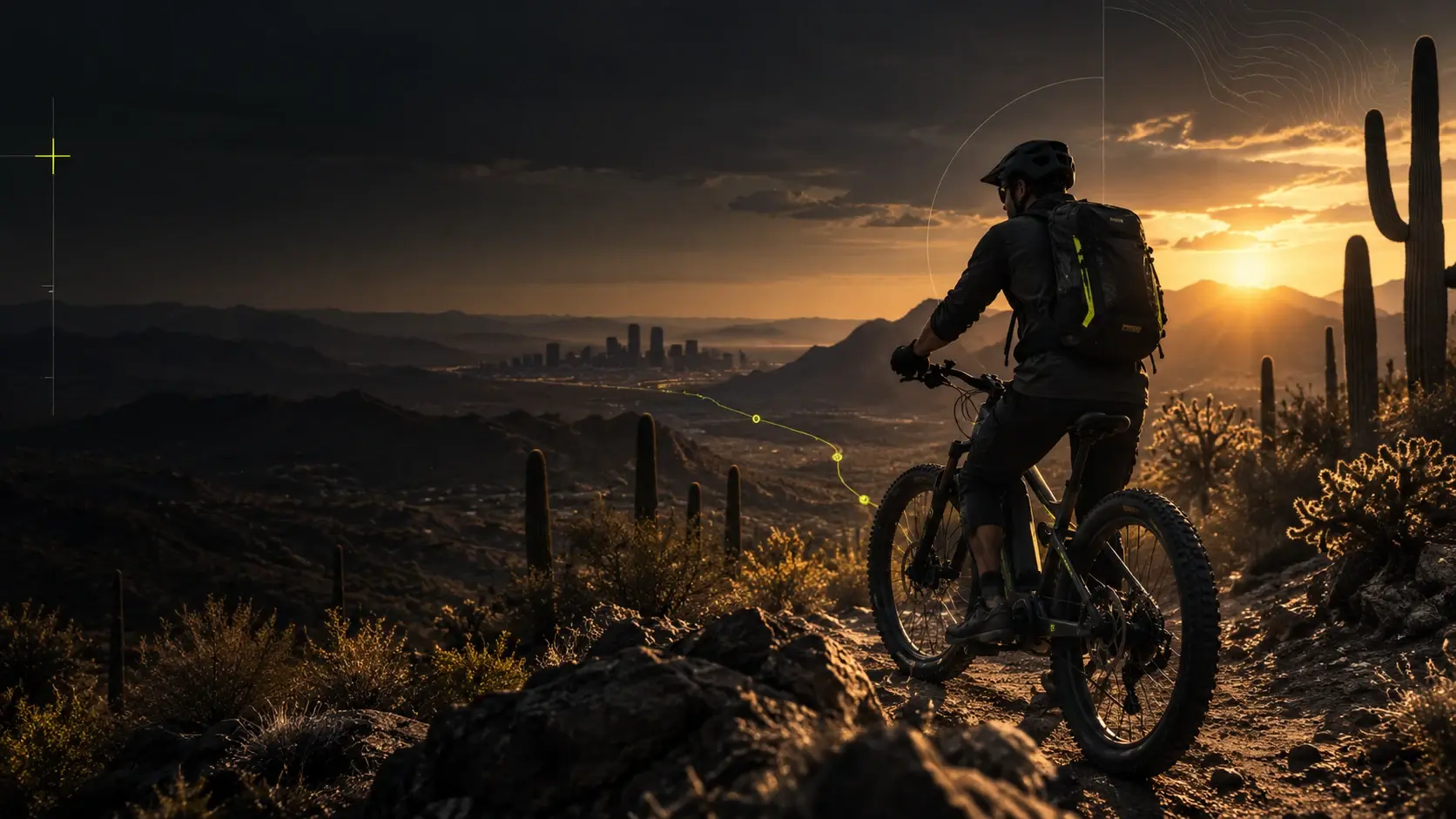 E-bike rider taking in the golden-hour Sonoran Desert landscape