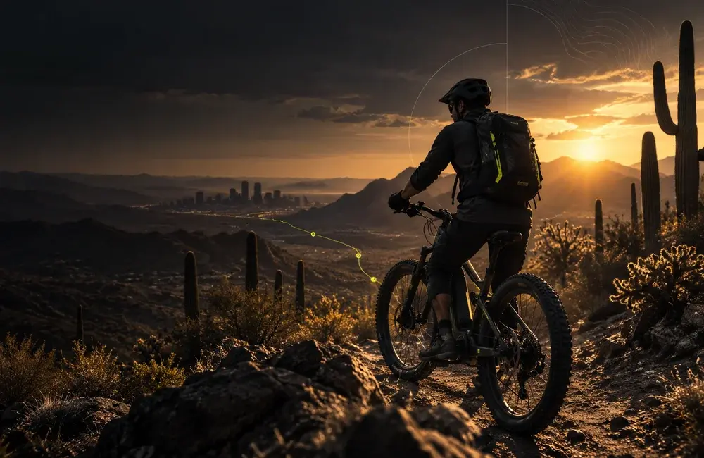 E-bike rider overlooking the Sonoran Desert at golden hour
